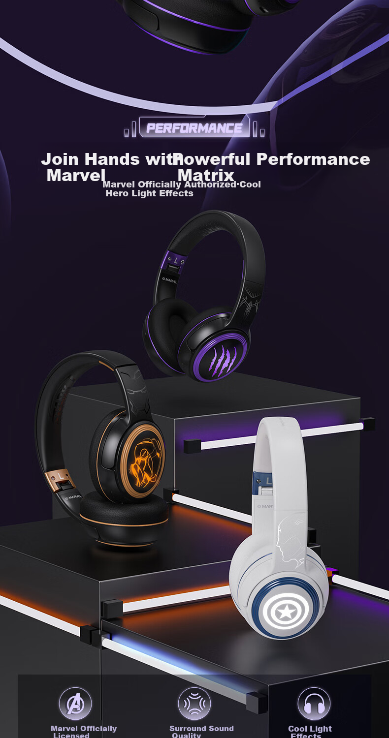 Disney Marvel Co-Branded Wireless Bluetooth Headphones, Over-Ear, Long Battery Life, for E-Sports Gaming, Sports, Music, Computer Headset, Couples Birthday Gift for Men, MR13 Black Panther 2