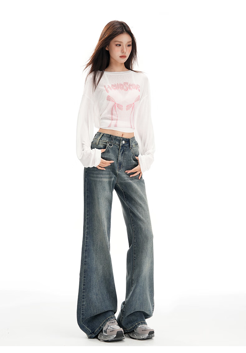 Jeanswest Women's Spring Summer High Street Slim Fit High Waist Straight Wide Leg Flared Floor-Length Jeans Retro Blue M 5