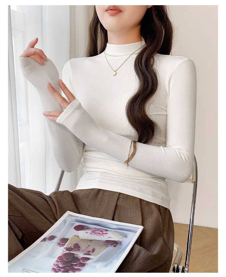 NOME Early Autumn Half Turtleneck Slim Fit Long Sleeve Basic T-Shirt Women 2025 New Solid Color Top White L 3