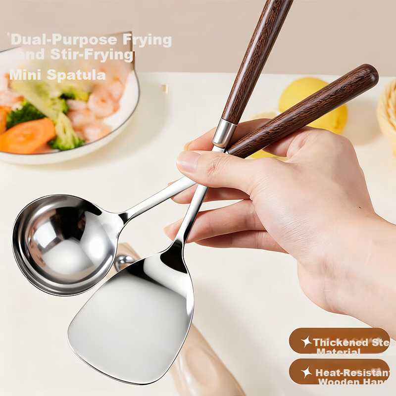 BJ Stainless Steel Spatula, Cooking Spatula, Small Soup Ladle, Small Pot Spatula, Wood-Handle Heat-Resistant Baby Food Tools, 2-Piece Set