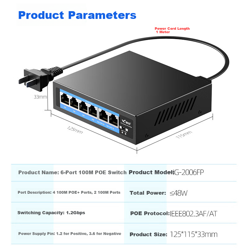 Huigu 100Mbps 6-Port POE Switch, 4 Gigabit POE + 2 Gigabit Ports, Surveillance Camera AP Network Cable Power Supply Switch Splitter HG-2006FP