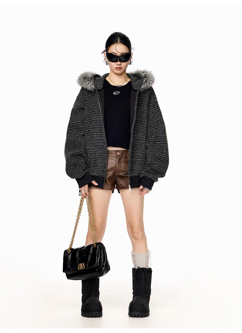 ICH MODE Women's American Style Hooded Striped Jacket with Fur Collar Autumn Winter New Zip-up Sweatshirt Cardigan Black M 3