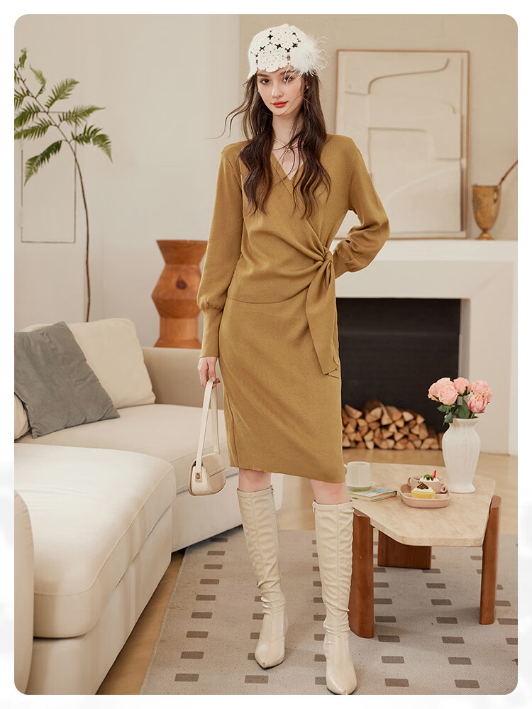 LOUISYAO Spring Autumn V-Neck Tie Design Slim Fit Slightly Stretchy Mid-Length Elegant Knit Dress Dark Coffee S 6