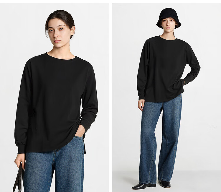 Semir Women's Long Sleeve T-shirt Loose Fit Thermal Solid Color Drop Shoulder Sleeve 2025 Winter Fleece Split Hem 109725101002 3