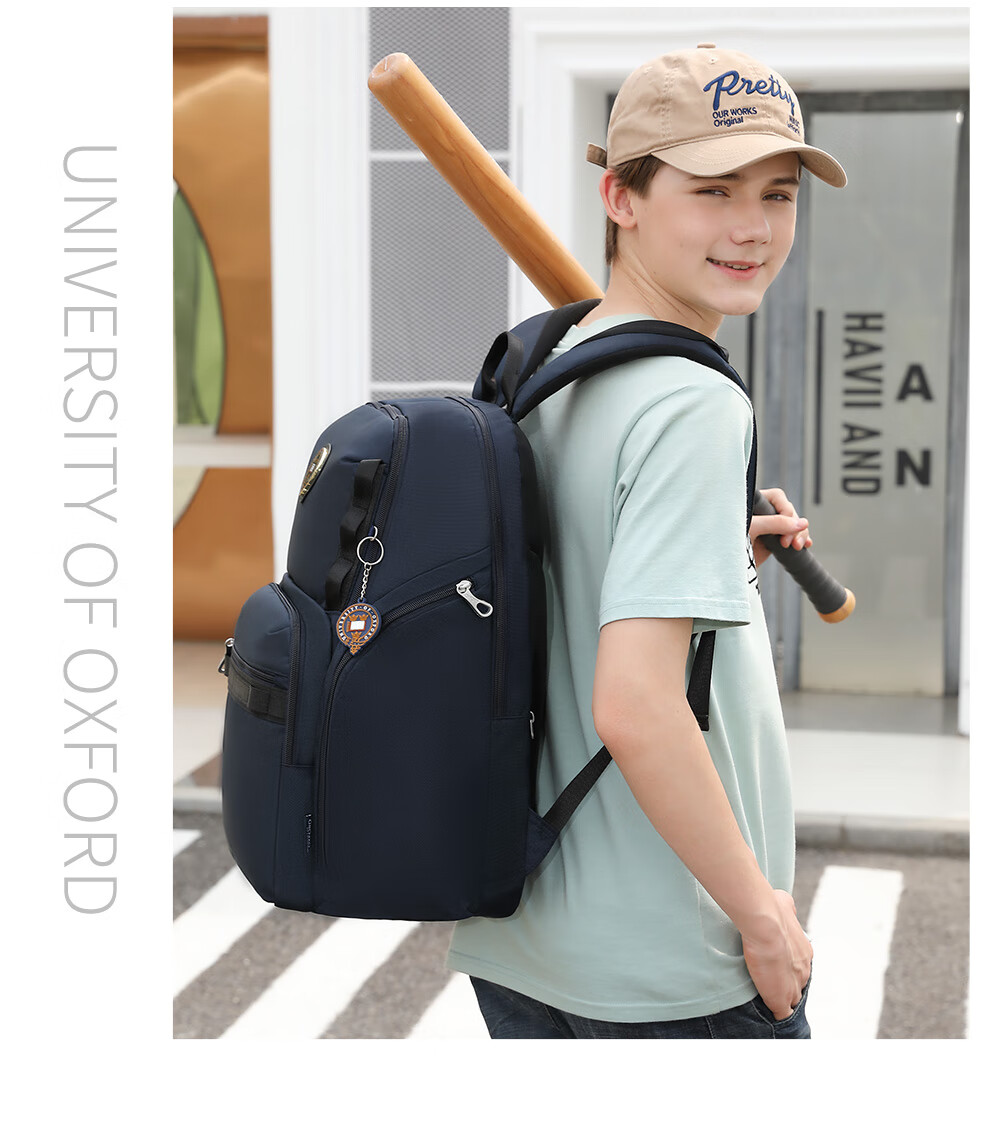 UNIVERSITY OF OXFORD Oxford University Backpack for Middle School Boys, High School Student Casual Double Shoulder Bag X556 (Dark Blue A) 30