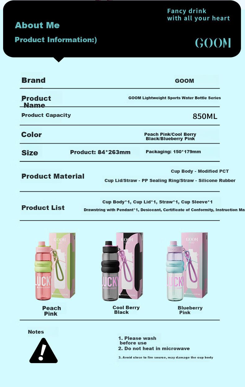 GOOM Large Capacity Lightweight Sports Straw Water Bottle Unisex Fitness Student Portable 850ML White 14
