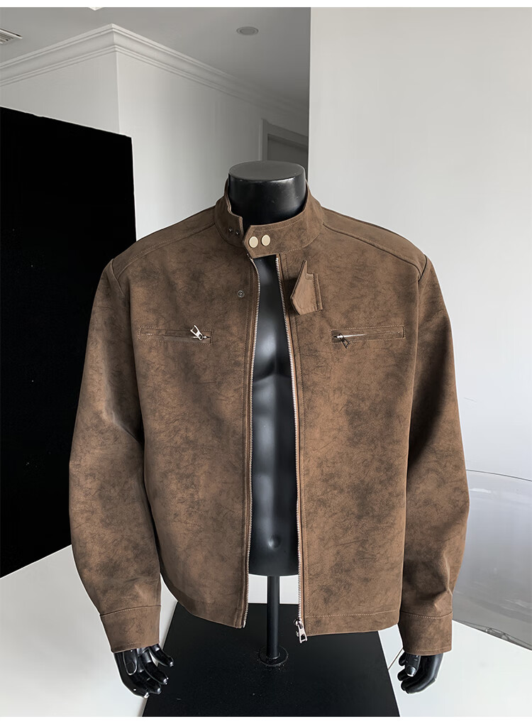 IZEXX Men's American Style Tie-Dye Jacket Autumn Winter Stand Collar Trendy Shoulder Motorcycle Leather Jacket ZGJ58 Black XL 17