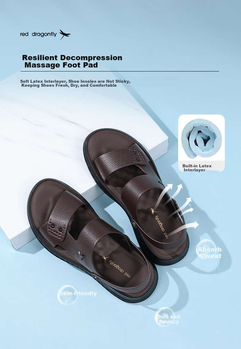 RED DRAGONFLY Leather Sandals for Men, Summer Breathable Casual Slippers, Cowhide Beach Shoes, Two-Way Wear WTT250021 Black Size 40 3