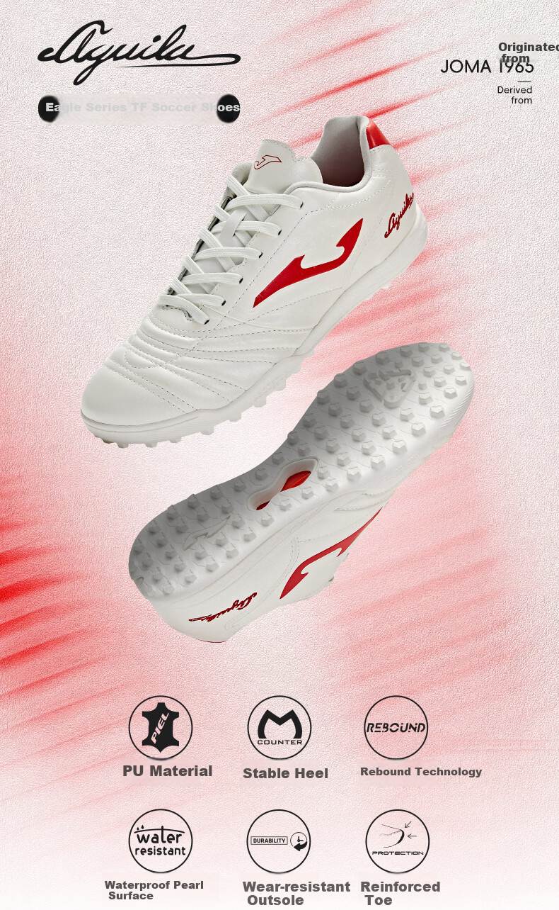 JOMA Kangaroo Leather Soccer Shoes for Men with TF Studs, Professional Competition Football Training Shoes for Adults And Youth, White And Red, Size 39 1