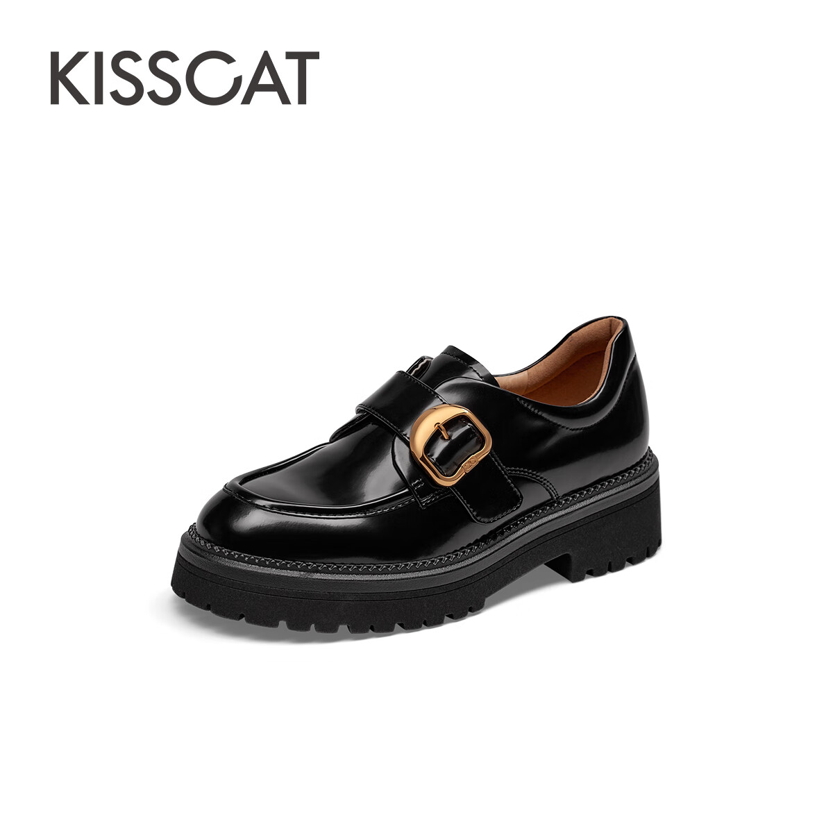 KISS CAT Small D Buckle Loafers Monk Shoes Height Increasing Leather Loafers KA65152-50 Black Size 38
