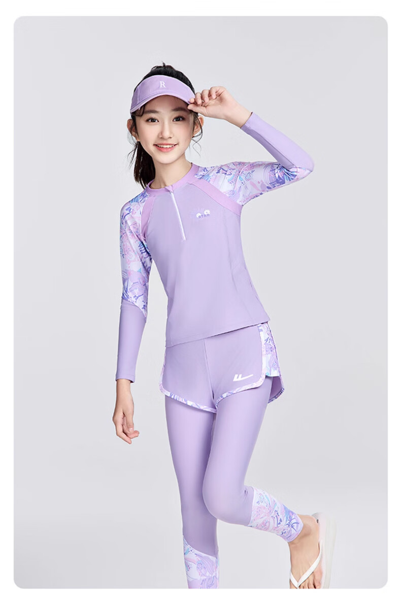 Huili Children's Swimsuit, Girls' Long-Sleeve Swimwear, for Older Kids And Girls, Two-Piece Swimming Costume 35342H1M, Purple, Size 135 11