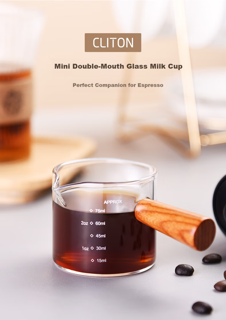 CLITON Japanese Style Wooden Handle Glass Milk Jug Heat-Resistant Measuring Cup Latte Art Cup with Scale Single Spout Milk Pitcher 75ml 1