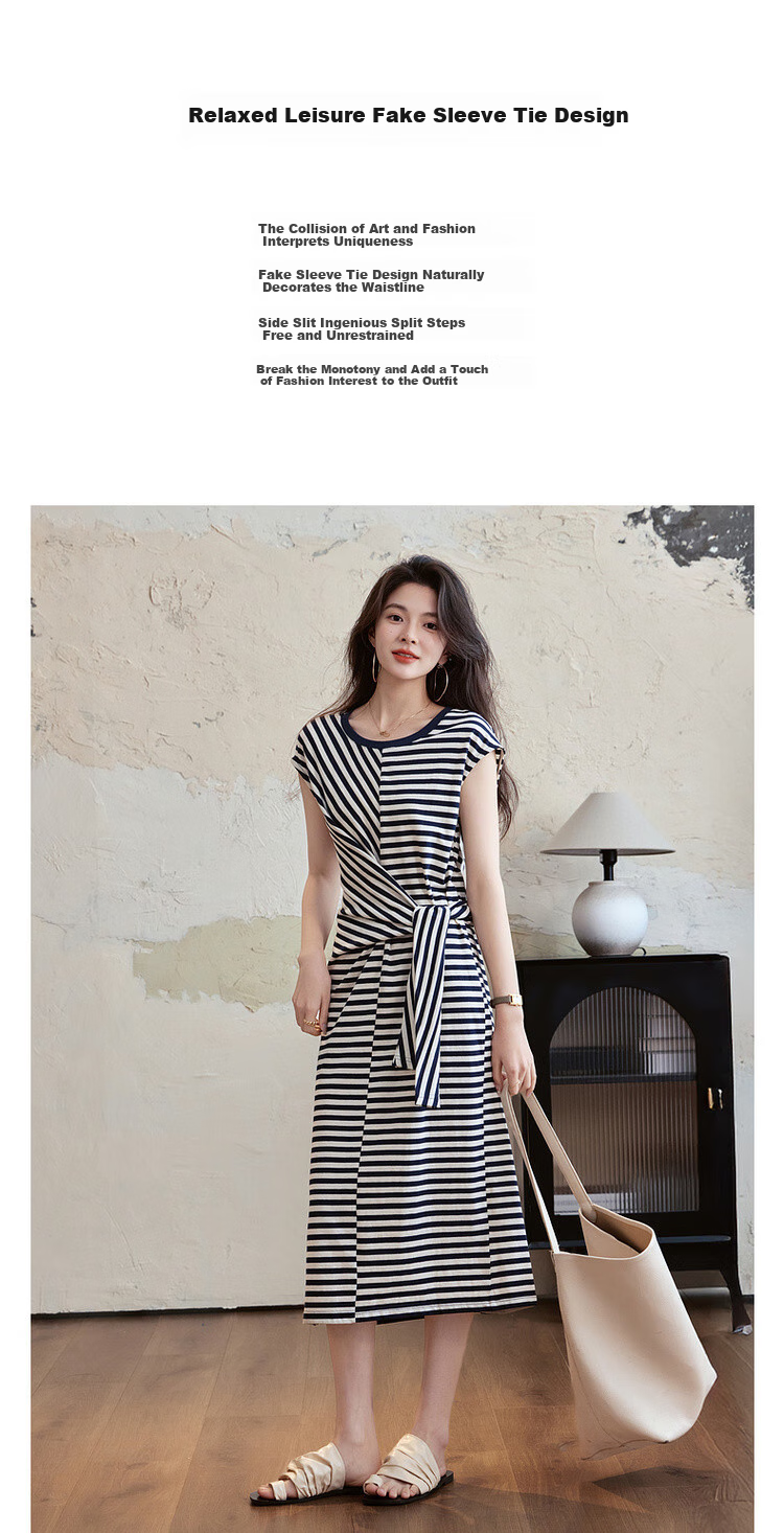 Mt [Asymmetric Aesthetic], Summer Design-Inspired, Tie-Up Slit Round Neck, Elastic Long Women's Dress 1