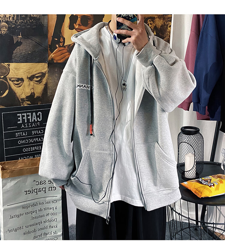 Foss Phil Men's Jacket, Spring And Autumn Large Size Cardigan Sweatshirt, Hooded Sports Top, Loose-Fitting Jacket JK2080, Black, XL 7