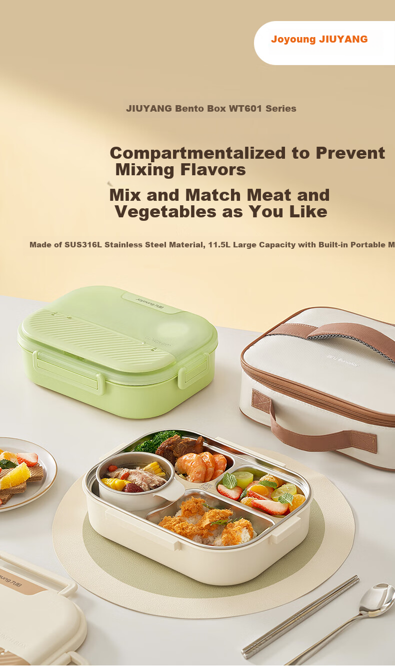 Joyoung 316L Lunch Box for Students And Office Workers, Bento Box with Chopsticks And Spoon, Large Capacity Four-Compartment Meal Container, 1500ML, White 1