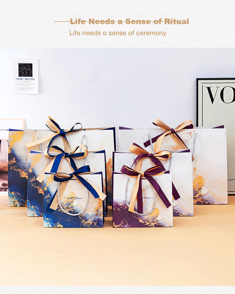 Ouliwen Gift Bags, Handbags, Paper Bags with Rope Handles, Portable Thickened Paper Silk Handles, 25x20x12cm, Pack of 5, Floral Blue with Text, Suitable for Wedding Favors And Birthday Gifts 7
