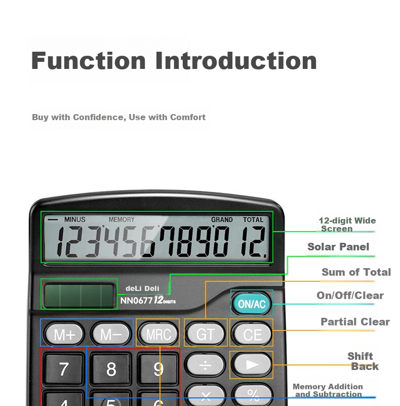 Deli Dual Power Desktop Calculator for Office Use, Financial And Study Supplies, 12-Digit Large Screen Digital Display Desktop Calculator 0677 8