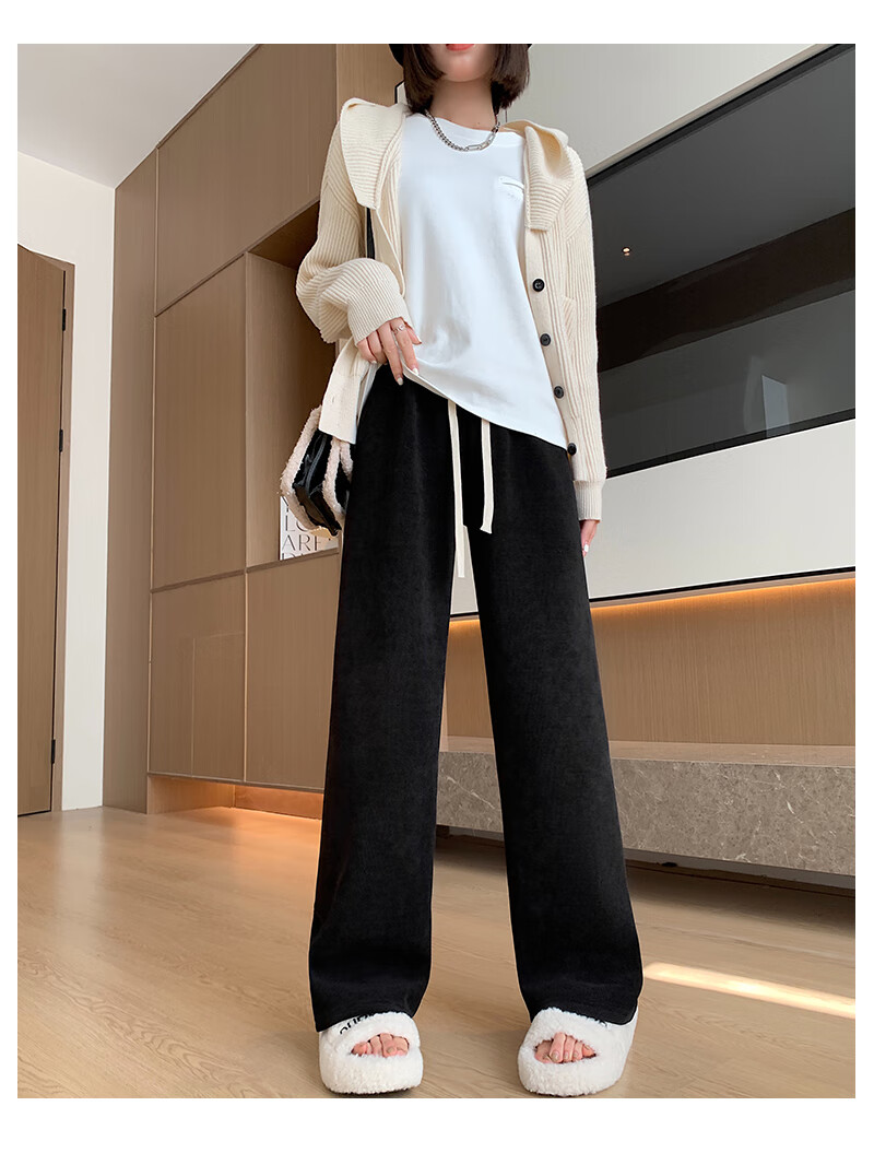 Langsha Women's Casual Pants, New Spring And Autumn 2026 Style, Petite Fleece-Lined Wide-Leg Pants, Korean-Style Slimming And Heightening Effect, European Velvet Trousers 10