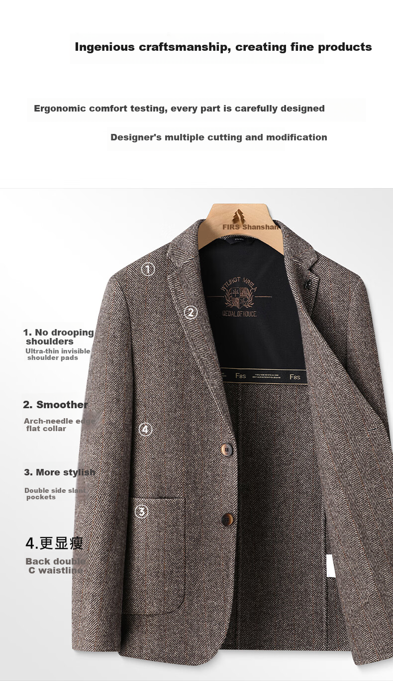 FIRS 【Sheep Wool】Double-Sided Woolen Men's Spring and Autumn Business Casual Slim Fit Professional Workwear Single Blazer Jacket 4