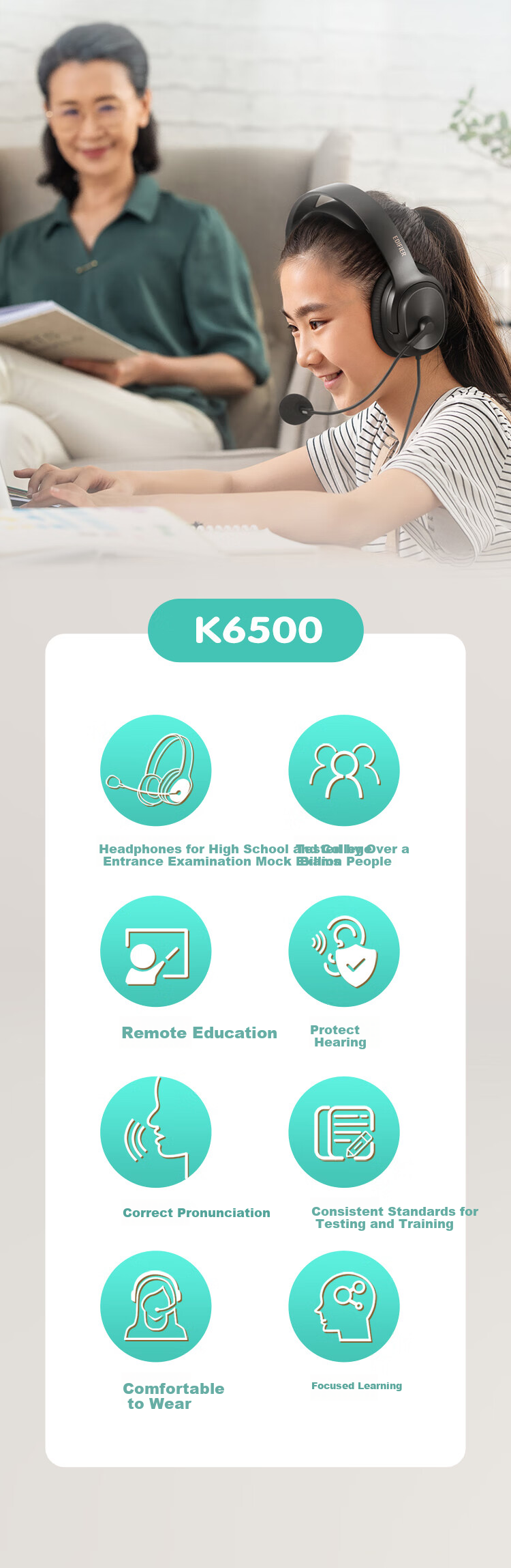 EDIFIER USB K5000 Type-C Version Professional Exam Headphones, Over-Ear Computer Headset, Specialized for Listening, Speaking And Oral Training, Educational Headphones, Online Course Headphones 2