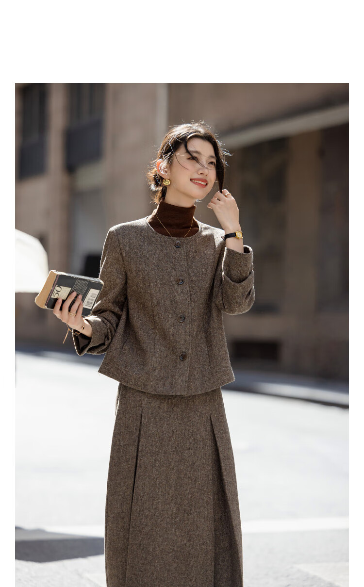 Demana [With Wool] Winter Sesame Dot Woolen Suit Round Neck Short Jacket Pleated A-Line Skirt Women's Two-Piece Set 2
