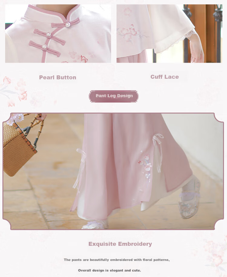 Qibo Hanfu Girls' Spring And Autumn 2026 Mid-Autumn Festival New Style Chinese-Style Tang Suit Children's Outfit Set, Floral Rain Pink, Size 140 2
