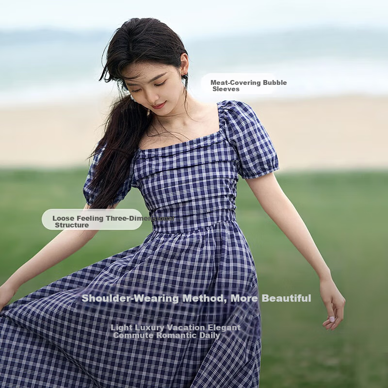 INMAN French Plaid Dress Summer Women's Versatile Puff Sleeve A-Line Skirt Navy Blue S