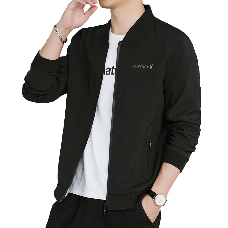 PLAYBOY Jacket, Men's Outerwear, Spring And Autumn Clothing, Casual Trendy Slim-Fit Baseball Coat, Blue, XL