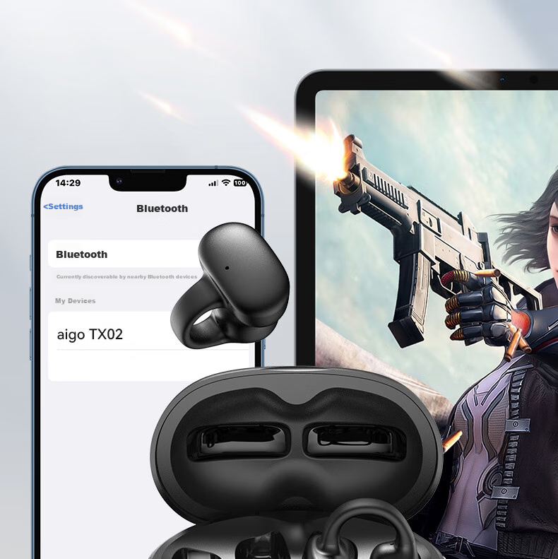 Aigo Bluetooth Headphones, Bone Conduction Concept Air Conduction Ear Clip Open-Style Non-In Sports Calling Headphones, Compatible with Xiaomi And Other Phones, Tablets, Computers, Universal TX02 Black 19