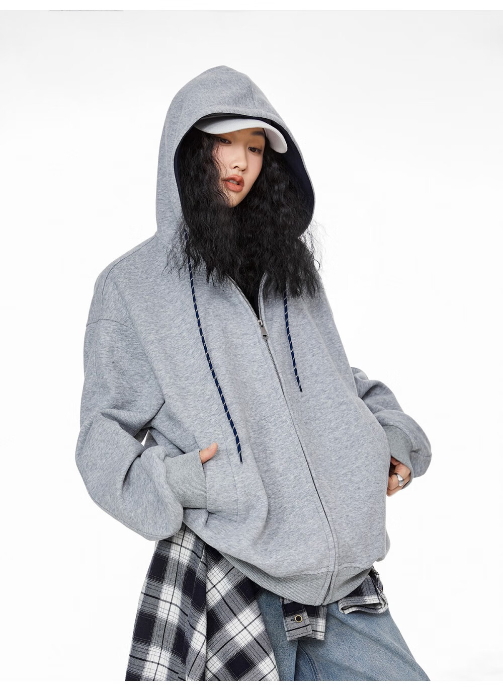 ICH MODE Women's Hoodie American Vintage Loose Fit Zip-up Sweatshirt Spring Autumn New Light Heather Gray L 17