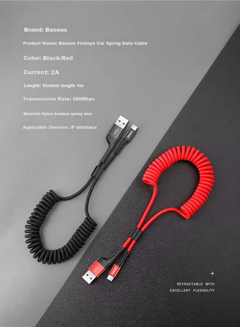 Baseus Apple Data Cable, Spring Retractable Car Phone Charging Cable, Portable Car Charger, Suitable for IPhone14/13/12/11/8Plus/X/iPad/Air/Pro, 1 Meter 9