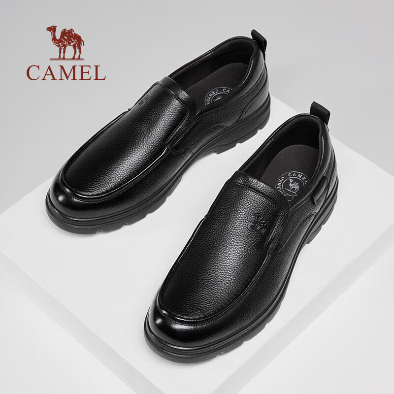 CAMEL Leather Slip-On Middle-Aged Dad Shoes, Height-Increasing Classic Business Casual Leather Shoes for Men, G15A211066, Black, Size 40