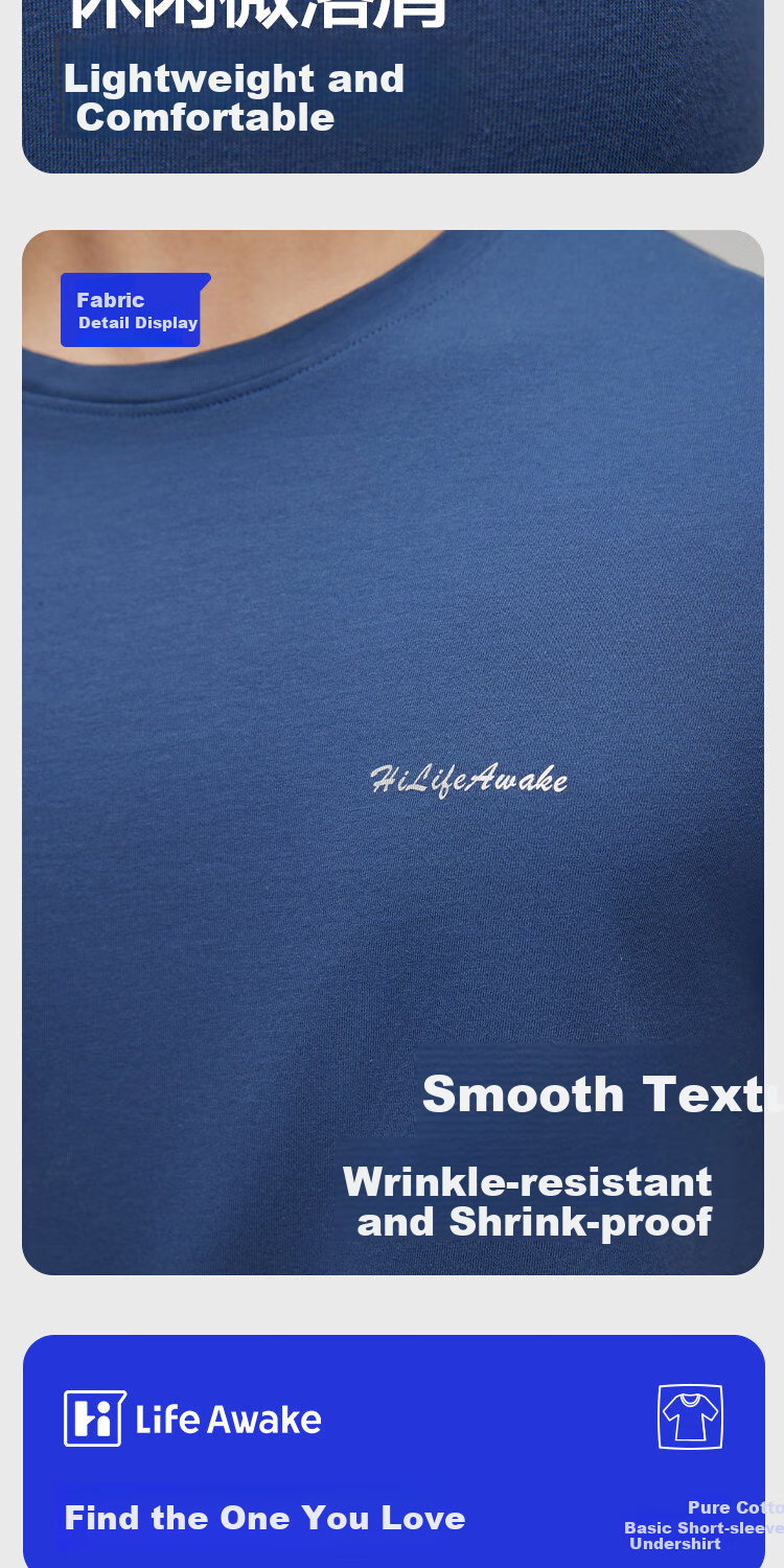 Hailanzhijia Men's Short-Sleeve Undershirt, Round Neck, 100% Pure Cotton, Comfortable, Breathable, Thin, Basic Undershirt, 2-Pack 10