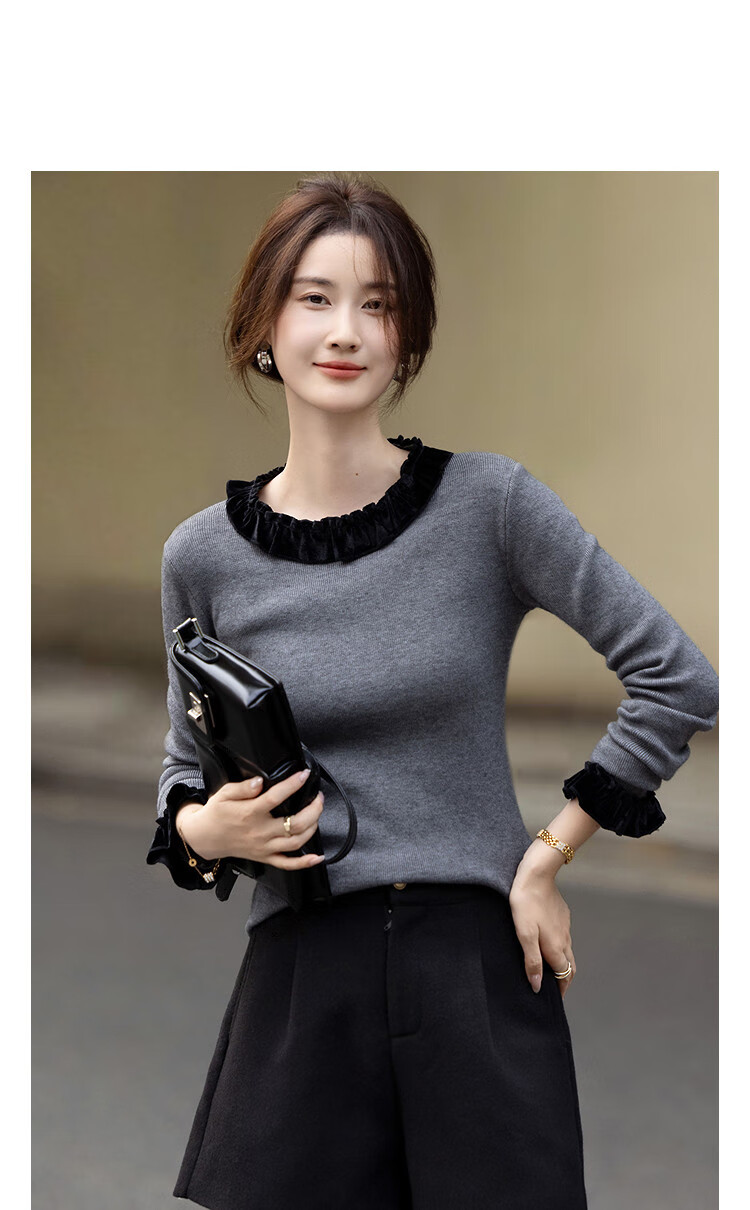 Demana Romantic Silhouette Winter Elegant Color-Block 3D Decorative Crew Neck Slim Fit Soft Stretch Knit Sweater for Women 11