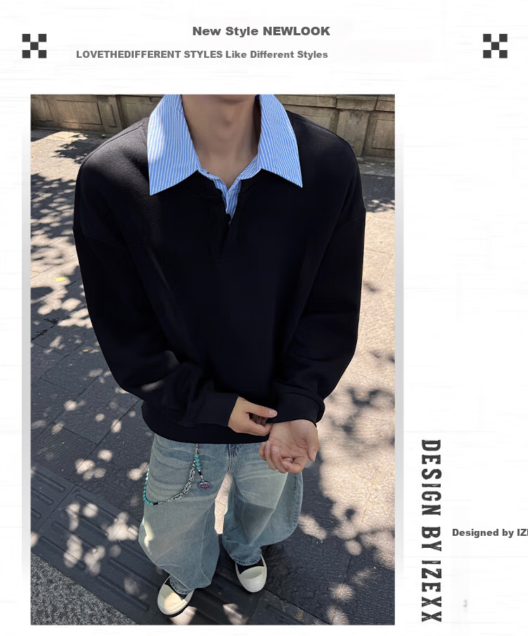 IZEXX Korean-Style POLO Shirt, Faux Two-Piece Contrasting Color Patchwork Sweatshirt, Men's Autumn Style, Turn-Down Collar Pullover Top, GW32 Black, Size M 6