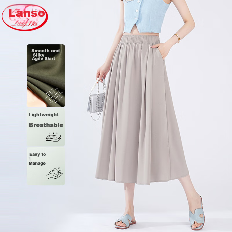 LangSha Ice Silk White Midi Skirt for Women, 2025 New Summer Thin Cool A-Line Skirt, Slimming Versatile Mid-Length Skirt for Wome