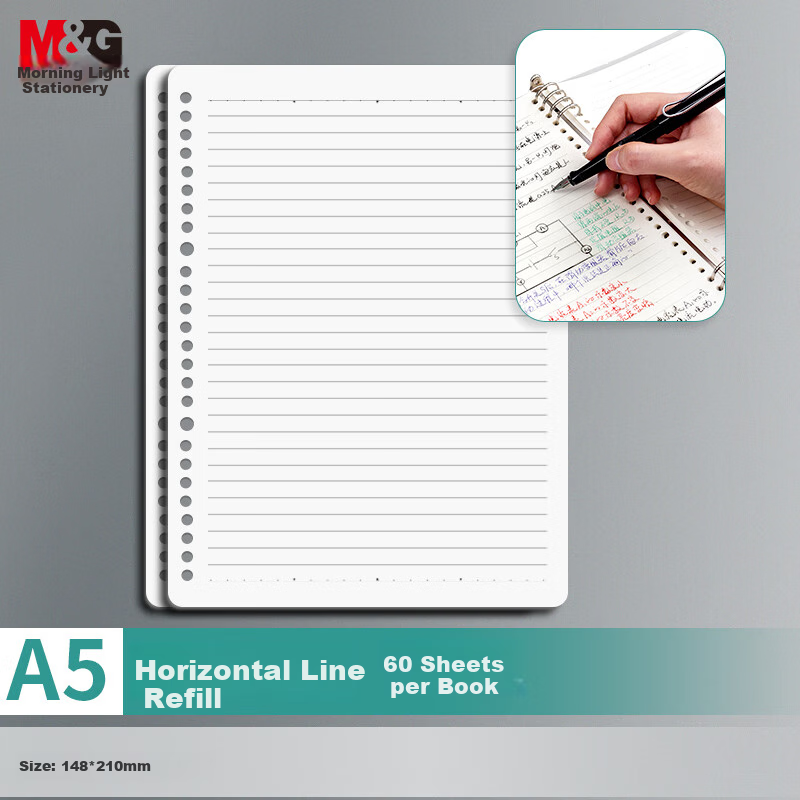 M&G Stationery A5/60 Sheets Loose-Leaf Refill, 20-Hole Detachable Notebook Paper, Homework Book, 80g Lined Inner Pages, Single Refill for Exams, APY9F20PA