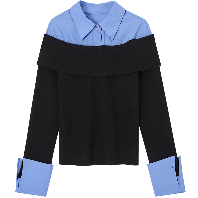 Demana Spring Design Faux Two-Piece Colorblock Wool Blend Knit Sweater with Lapel and Drop Shoulder Long Sleeve Top for Women