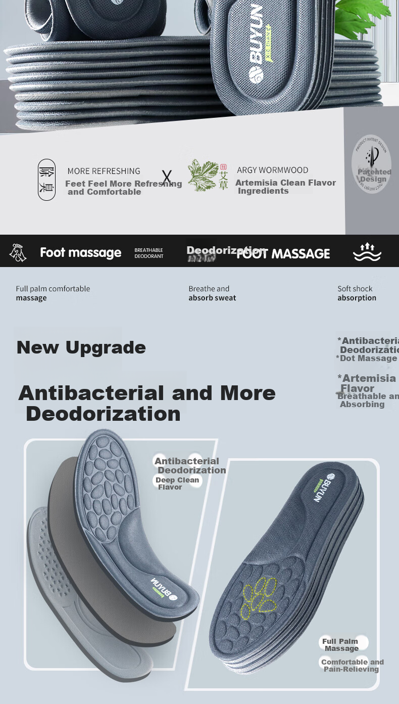 Buyun [1 Pair] Deodorant Insoles for Men, Shock Absorption, Sweat-Absorbing, Breathable, Non-Slip, Military Training Deodorizing Insoles for Women's Sports and Leather Shoes 2