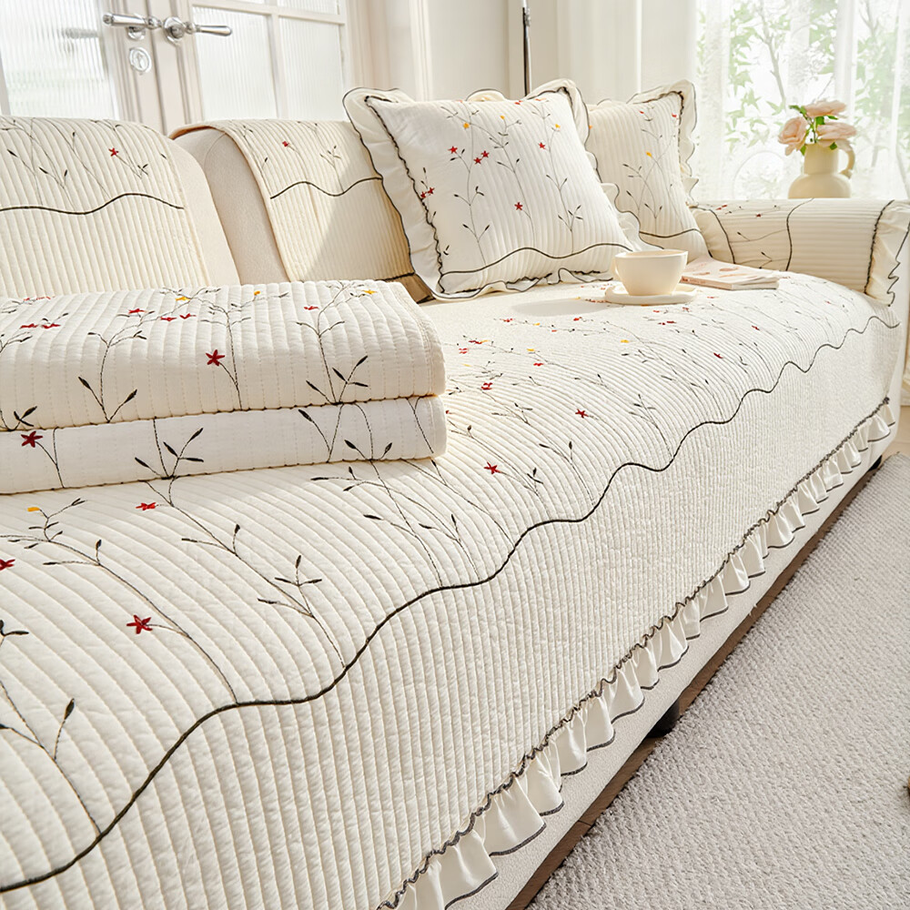 MUJI Class A Cotton Embroidered Sofa Cushion Cover Four-Season Sofa Slipcover Non-Slip Seat Pad Beige 90x160cm