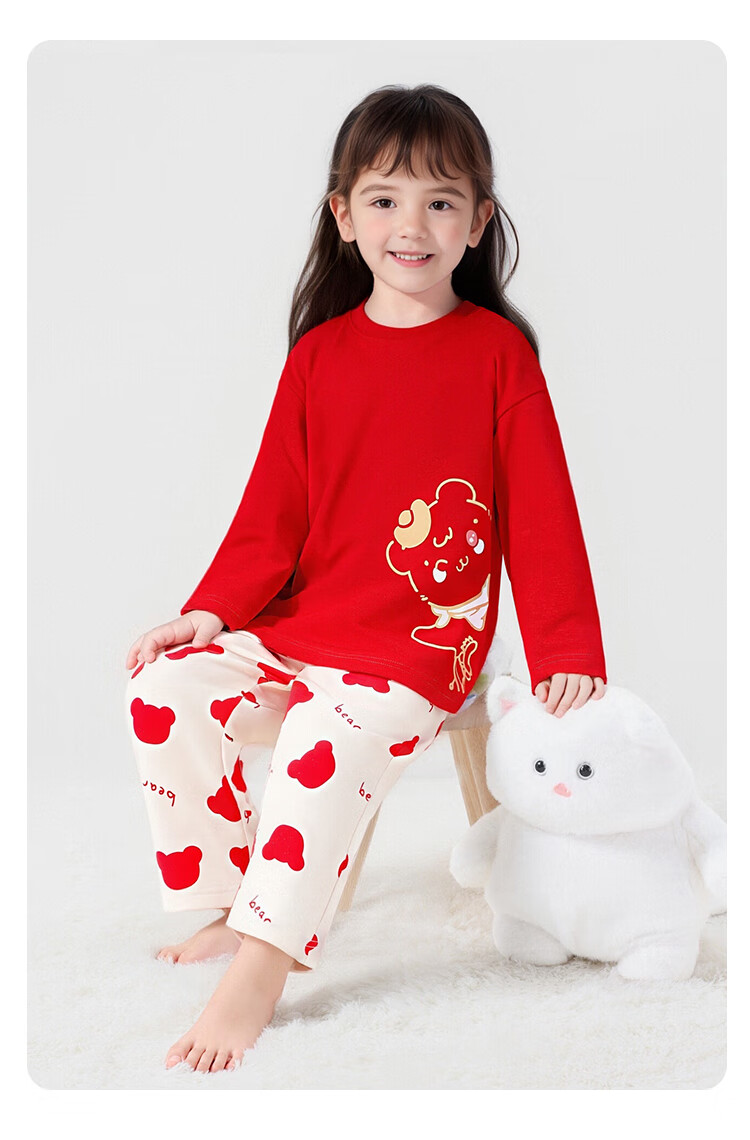 Classic Teddy Kids Pajamas Boys Girls Homewear Red Year Long Sleeve Set Cotton Breathable 2-Piece Set Little Rabbit 110 4
