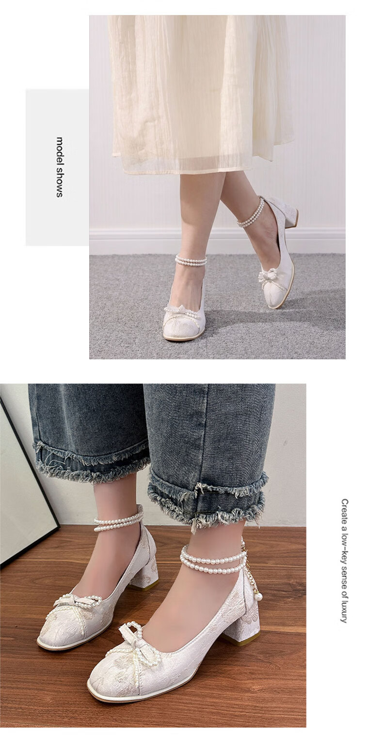 FOOTOPPO New Chinese Style Mary Jane Shoes for Women Thick Heel Height Increasing Bow Pearl National Style Wedding Qipao Dress High Heels Off-White 3