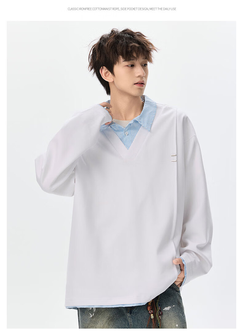 Foss Phil Men's Spring Autumn Colorblock Layered Collar Sweatshirt Casual Polo Shirt YWY1022 Glacier White XL 16
