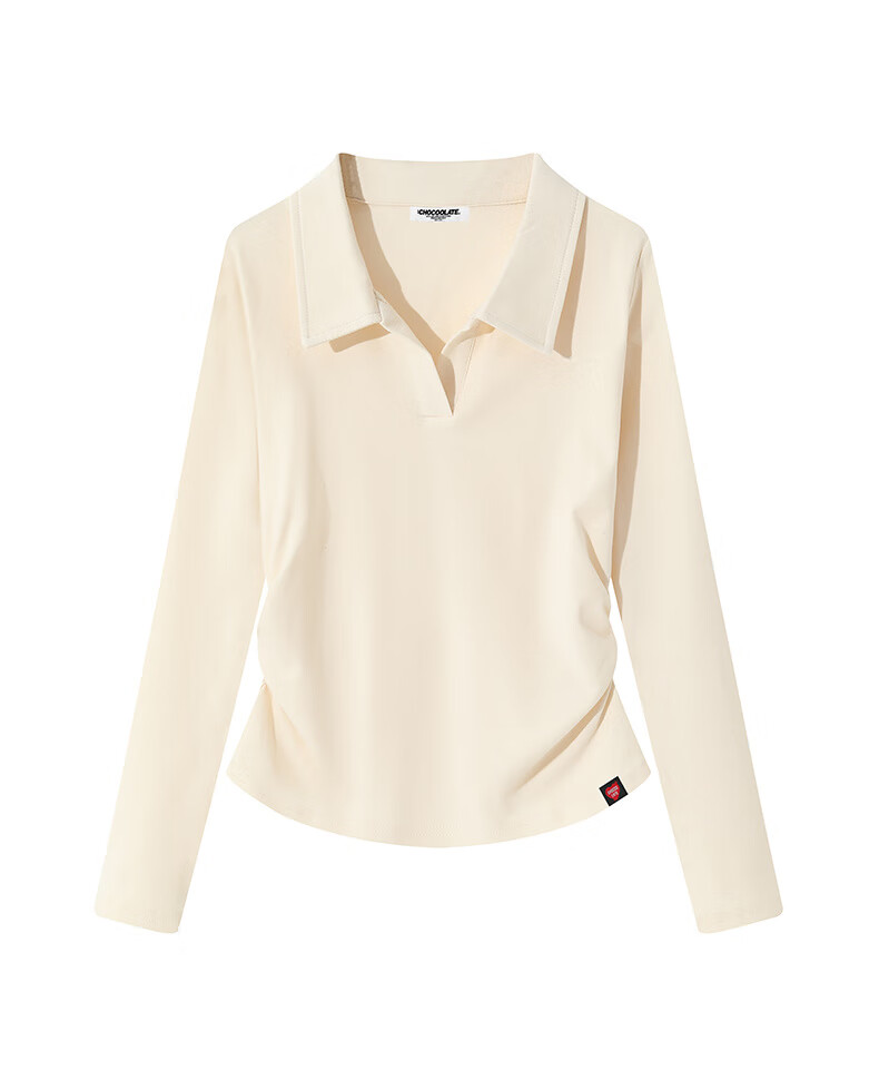 :CHOCOOLATE IT Lapel Shoulder Long Sleeve T-Shirt Women Short Pleated Waist Summer New Base Shirt Top White L 11