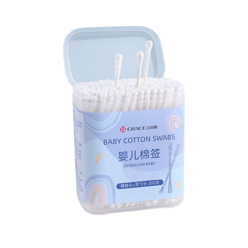Grace Cotton Swabs 200pcs Spiral Head Ear Pick Baby Eye Gunk Nose Ear Canal Navel Cleaning Paper Shaft