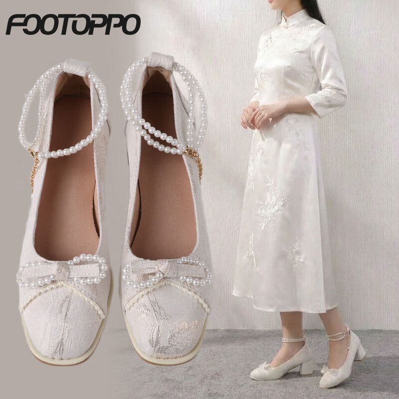 FOOTOPPO New Chinese Style Mary Jane Shoes for Women Thick Heel Height Increasing Bow Pearl National Style Wedding Qipao Dress High Heels Off-White