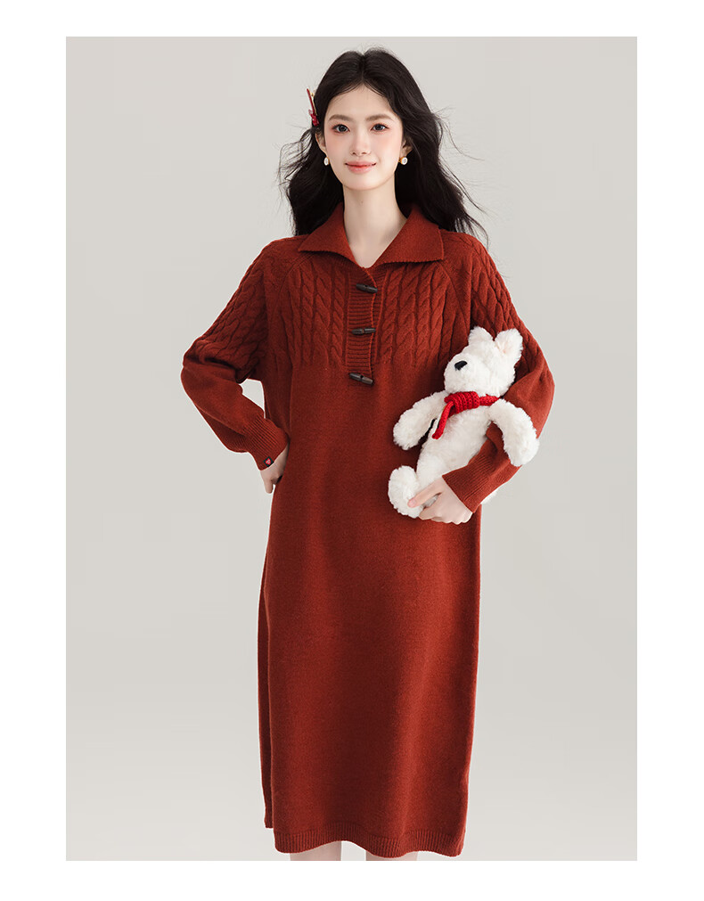 :CHOCOOLATE Women's Red Cable Knit Pullover Dress with Turn-Down Collar, Warm Sweater Dress for Spring and Autumn, Size M 10