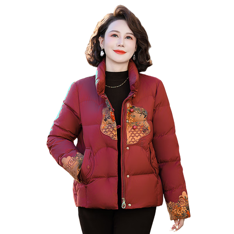 SNOWFLYING Women's Short Down Jacket 2025 Winter Loose Warm Stand Collar 90% Down Coat Mom Style Dark Red L