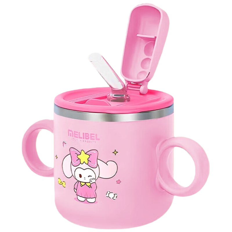 Baoshi Children's Water Bottle with Straw, Learning to Drink, 316 Stainless Steel Inner Liner, Double-Handled Thickened Open-Mouth Milk Cup, 250ml, Cartoon Pink