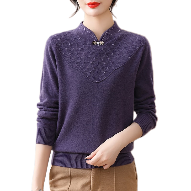 Hengyuanxiang Women's 100% Pure Wool Sweater, New Chinese Style Middle-Aged Mom's Outfit, 50-60 Years Old Stylish Zodiac Year Base Layer Red Sweater